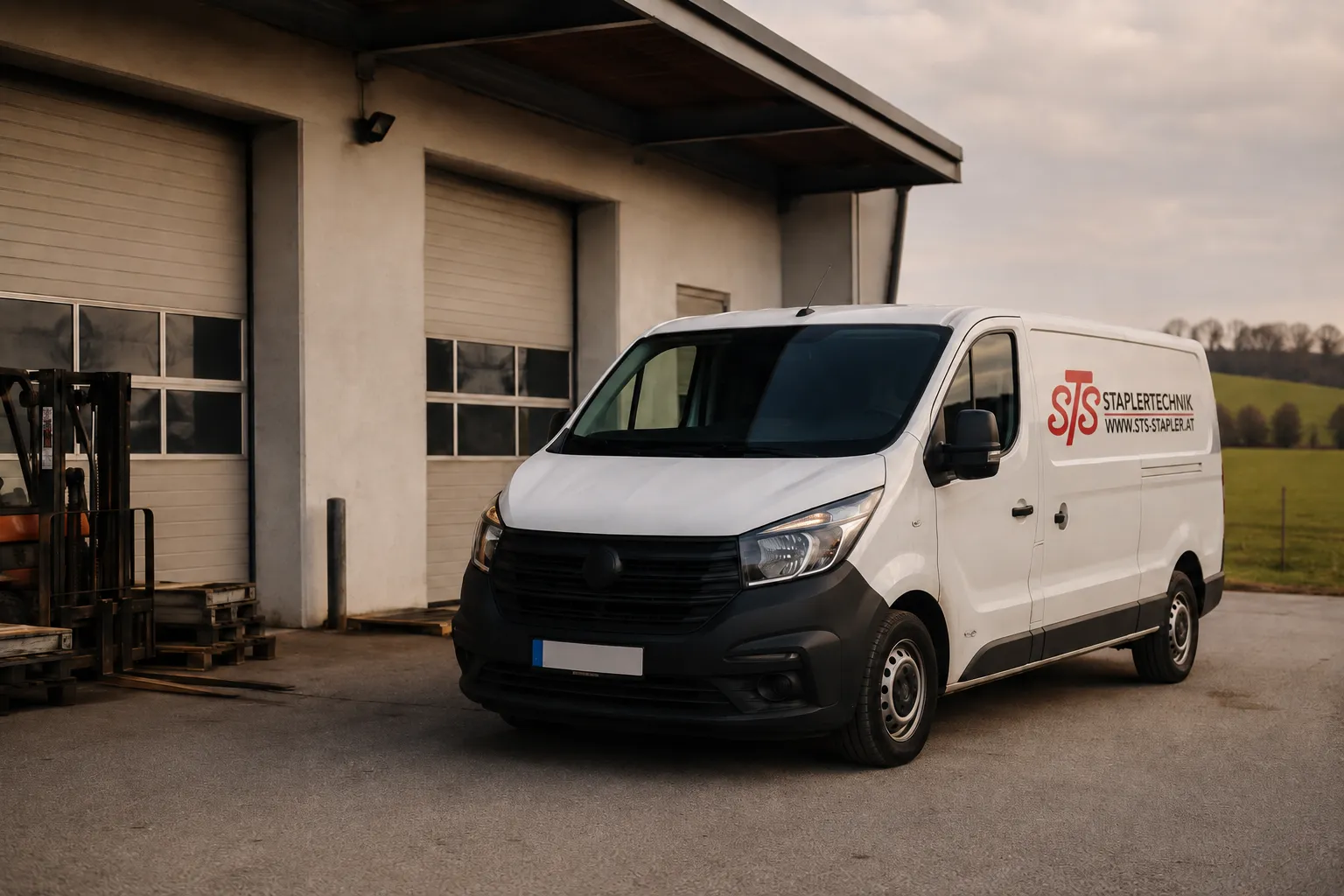 Servicebus der STS Staplertechnik Salzer vor einer Werkstatthalle in Niederösterreich.