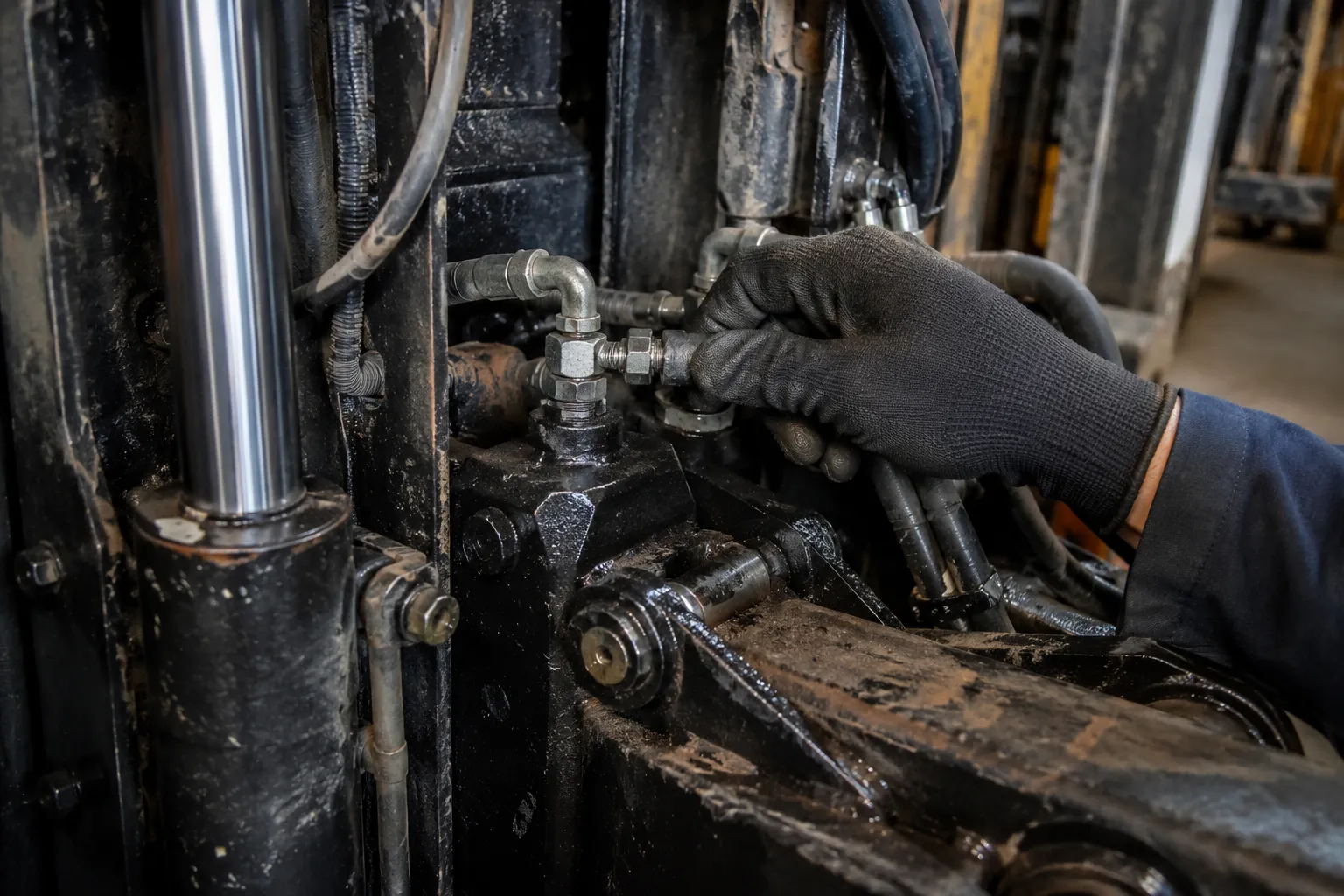 Hand mit Arbeitshandschuh prüft eine Hydraulikverschraubung am Hubgerüst eines Gabelstaplers.