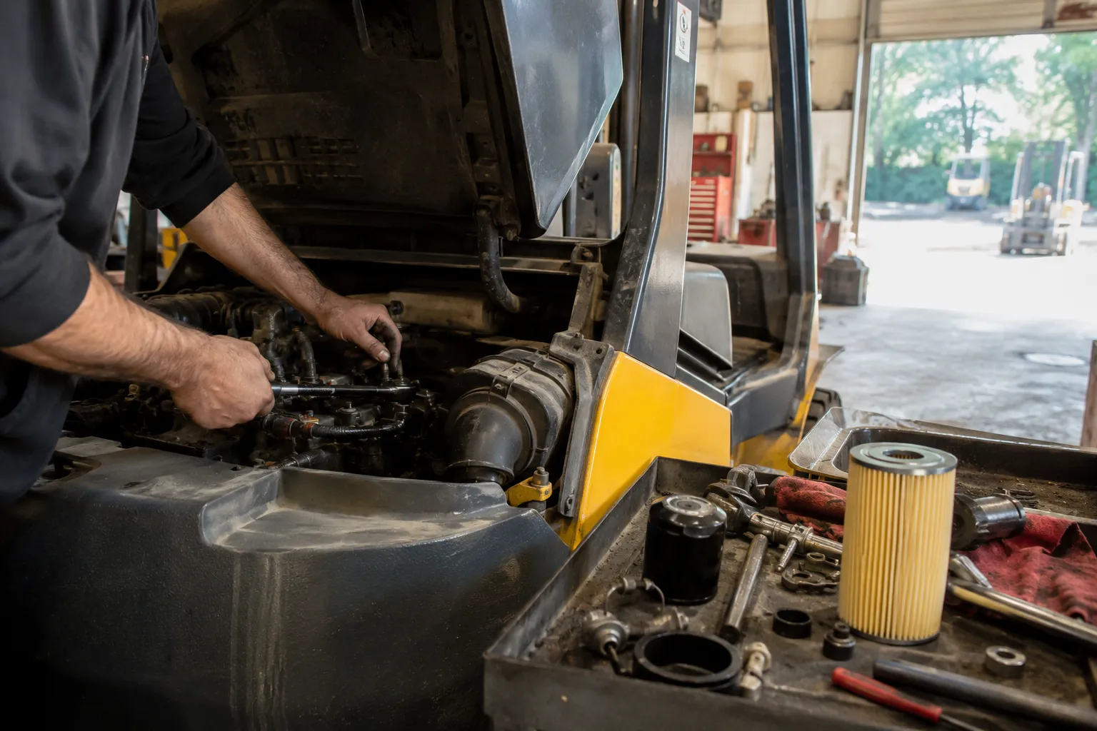 Techniker bei der Reparatur am Motor eines Gabelstaplers, Werkzeug liegt bereit.