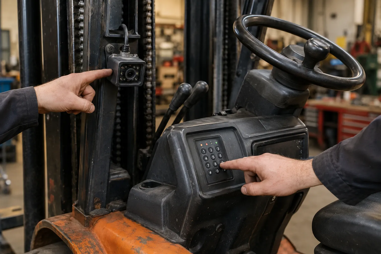 Rückfahrkamera am Hubgerüst eines Gabelstaplers und ein Tastenfeld für schlüssellosen Zugang am Armaturenbrett; eine Hand zeigt angeschnitten die Bedienung.