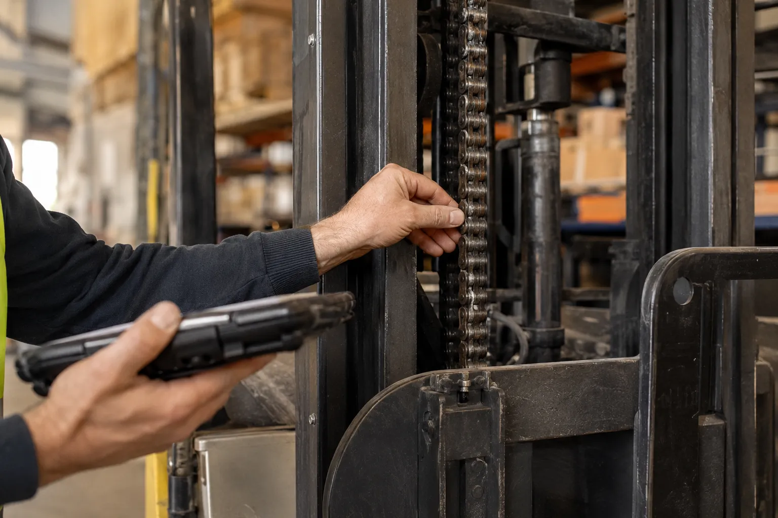 Technikerhand prüft die Hubkette am Hubgerüst eines Gabelstaplers, in der anderen Hand ein robustes Tablet für das Prüfprotokoll; im Hintergrund ein Lagerregal.